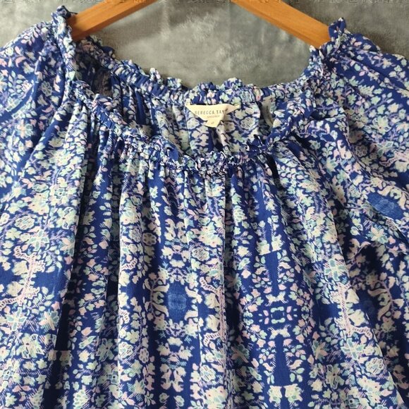 Rebecca Taylor Women 100%Silk Floral Ruffle Hem Top XS Blue Romantic Boho Spring - Picture 3 of 10